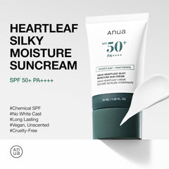 ANUA Heartleaf Silky Moisture Sun Cream SPF 50 PA++++, Korean Sunscreen for Face
