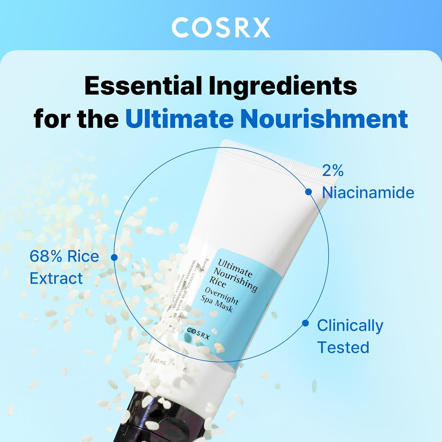 COSRX Ultimate Nourishing Rice Overnight Spa Mask, 60ml / 2.02 fl.oz | Rice Extract 68% and Niacinamide 2%, Korean Skin Care, Animal Testing Free, Paraben Free