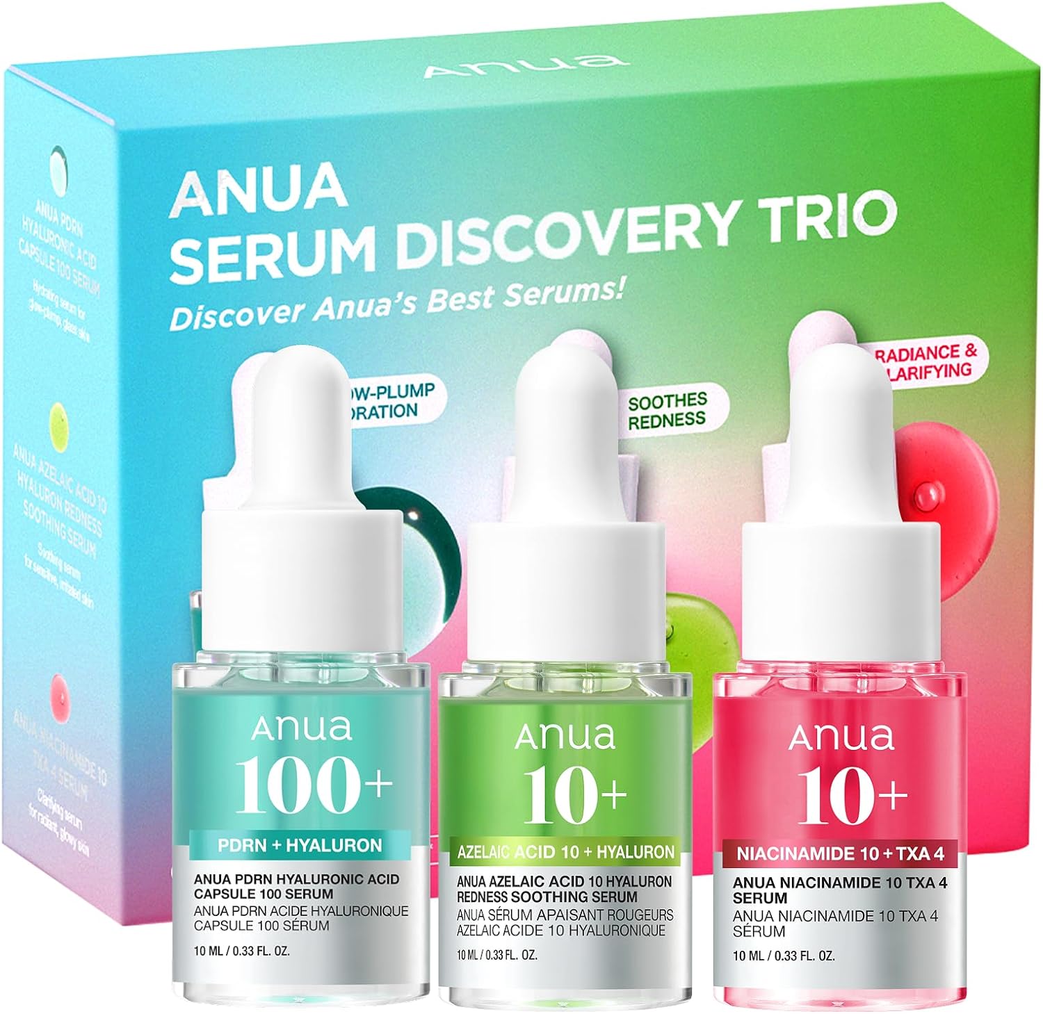 Anua Serum Discovery Trio, Mini Face Serum Travel Size Kit with Hyaluronic Acid, Niacinamide & Azelaic Acid, Hydrating Soothing Gift Set for Women, Korean Skincare Set -10ml/0.33fl.oz × 3EA